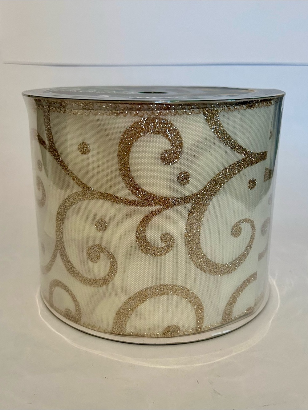 Cream Ribbon with Gold Glitter Scrolls - Home Accent Ribbon 5" Width 25 Yards
